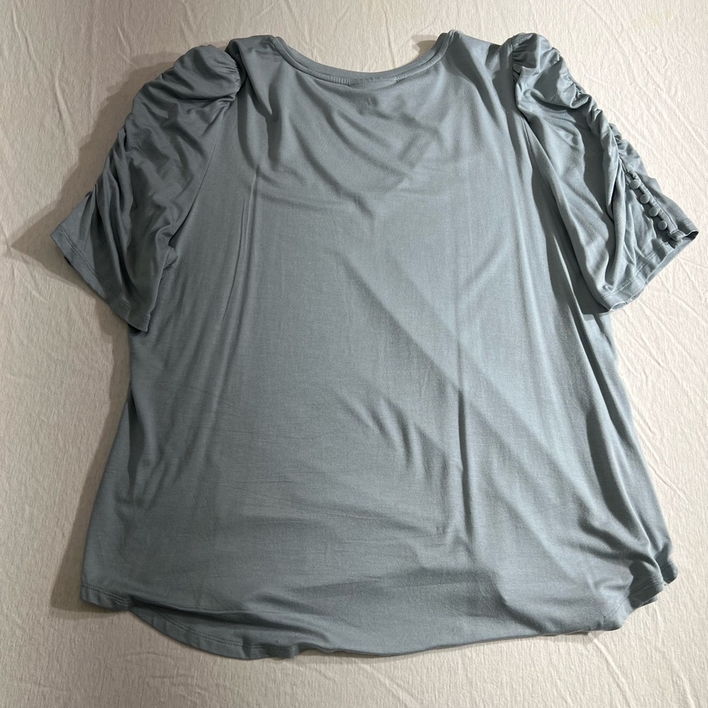 Ryegrass Sky Blue V-Neck Ruched Sleeve Top - Picture 4 of 8